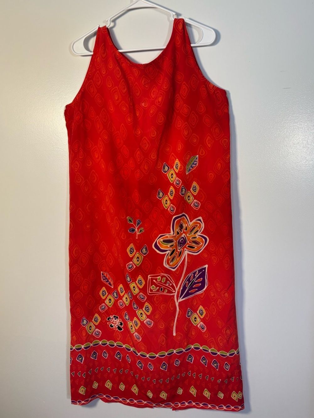 Vintage Chico's Vibrant Red Floral & Geometric Midi Dress